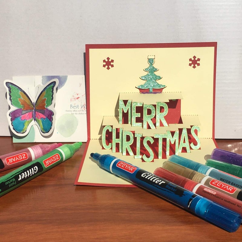ZEYAR Glitter Paint Pens, Water-based, Medium Point, 12 Colors, Great for Greeting Card, Posters, Albums, Gift cards and ONLY Light-Colored Surfaces - Image 5